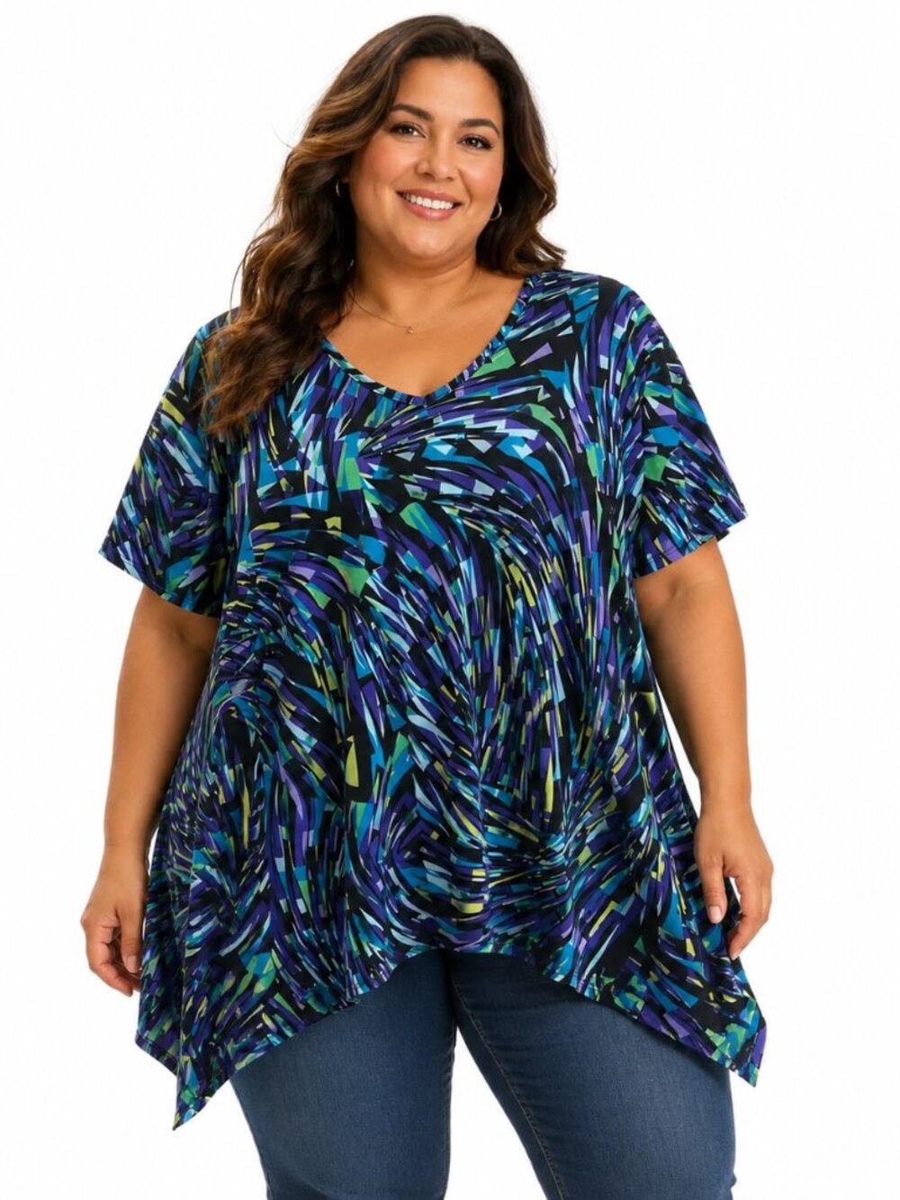 Collections ETC Tunic Top Asymmetrical Waterfall Short Sleeve V-neck